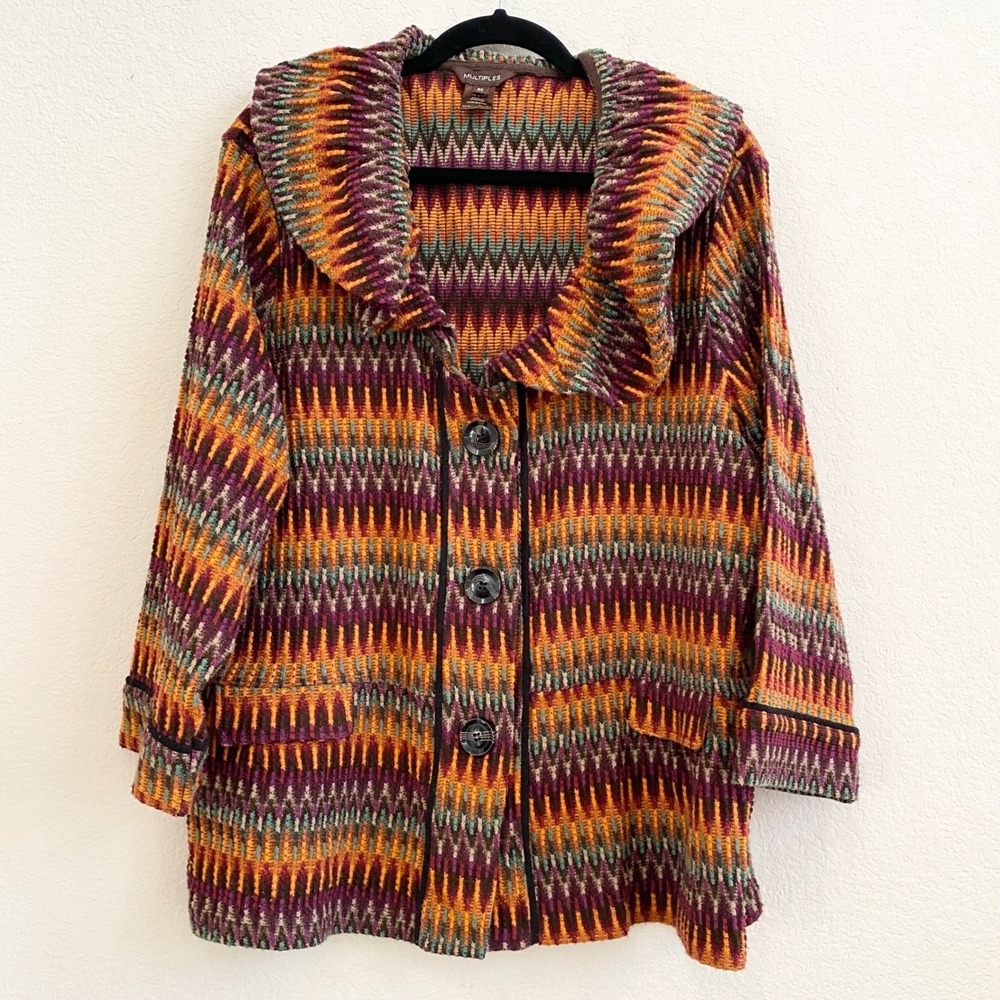 Multiples Multicolor Zigzag Knit Cardigan - Burgundy, Mustard, Teal